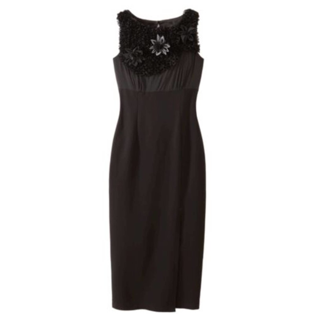 NEW Spiegel Black Floral Applique Sheath Dress Ruffled Bodice Stretch Silk Sz 2